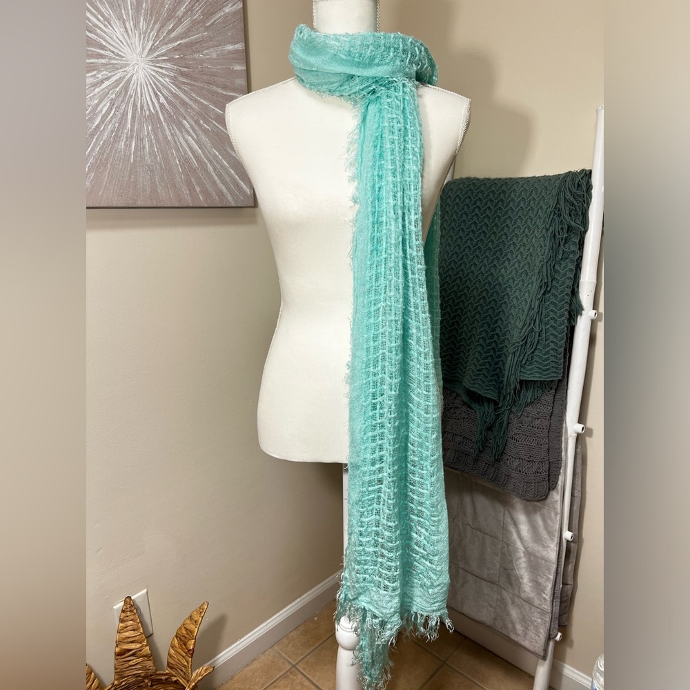 Bright Teal Knit/Crochet Scarf w Fringe